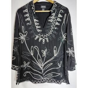 Objects D'art Objects 'art Black Floral Embroidered Top Knit 3/4 Sleeve Size XL